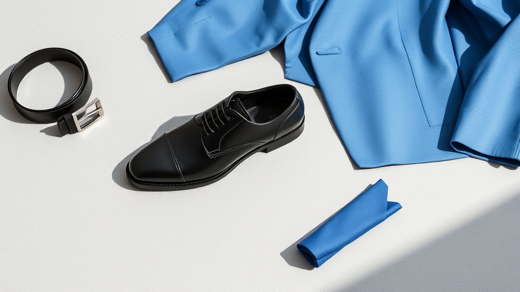 Czarne buty dopełniają niebieski garnitur