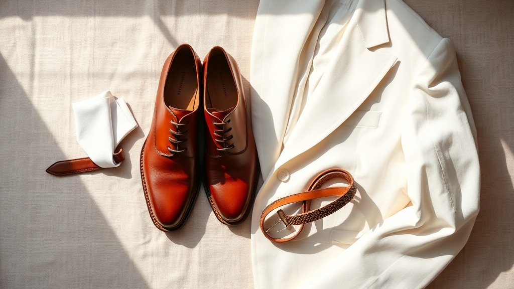 brązowe buty uzupełniają białego garnituru