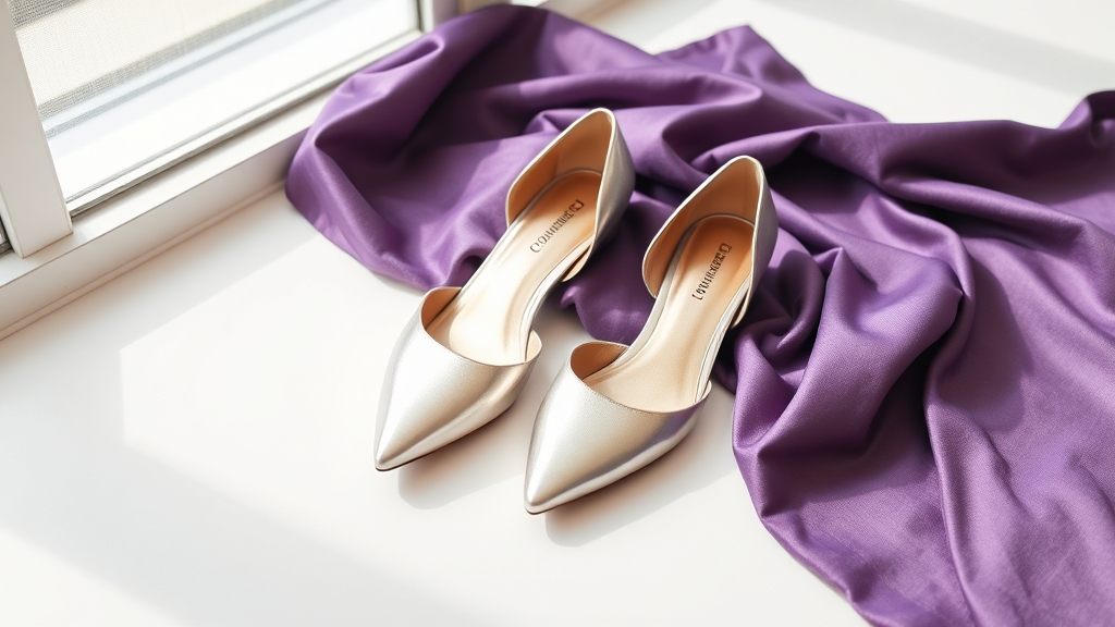 metaliczne buty uzupełniają fioletową sukienkę