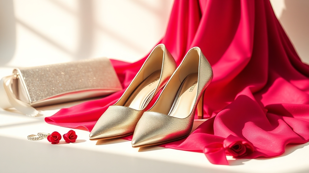 metaliczne buty pasują do malinowej sukienki