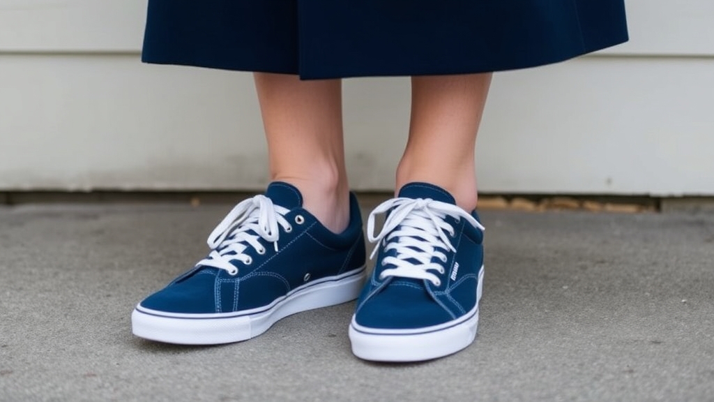 sneakers poprawiają granatowy płaszcz