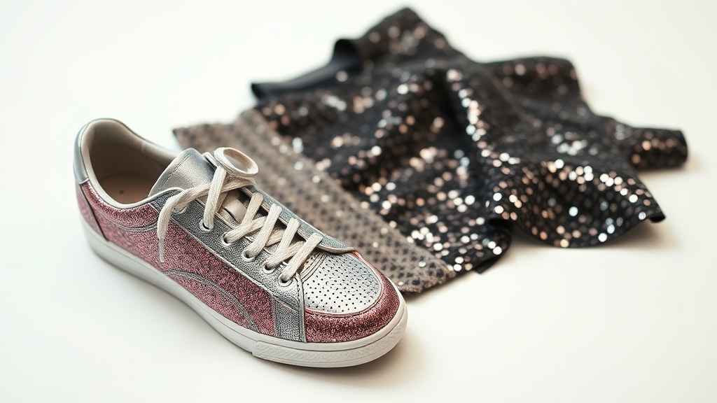 stylowa sukienka z cekinami sneakersy