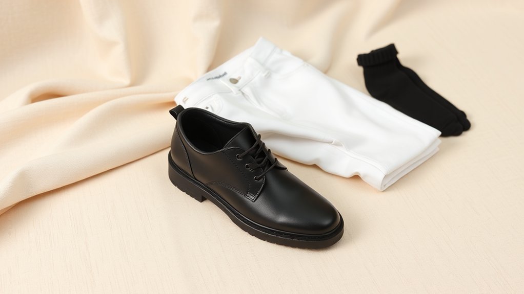 białe spodnie czarne buty